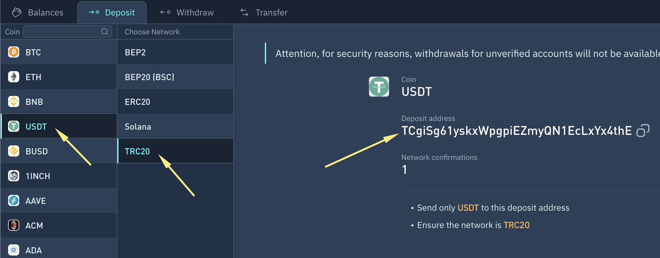 Depósito en Finandy: seleccionar moneda, red y dirección